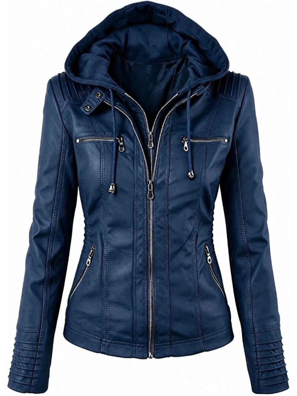 Women’s Indigo Blue Hooded Faux Leather Motorcycle Jacket Zip Up Casual Biker Co